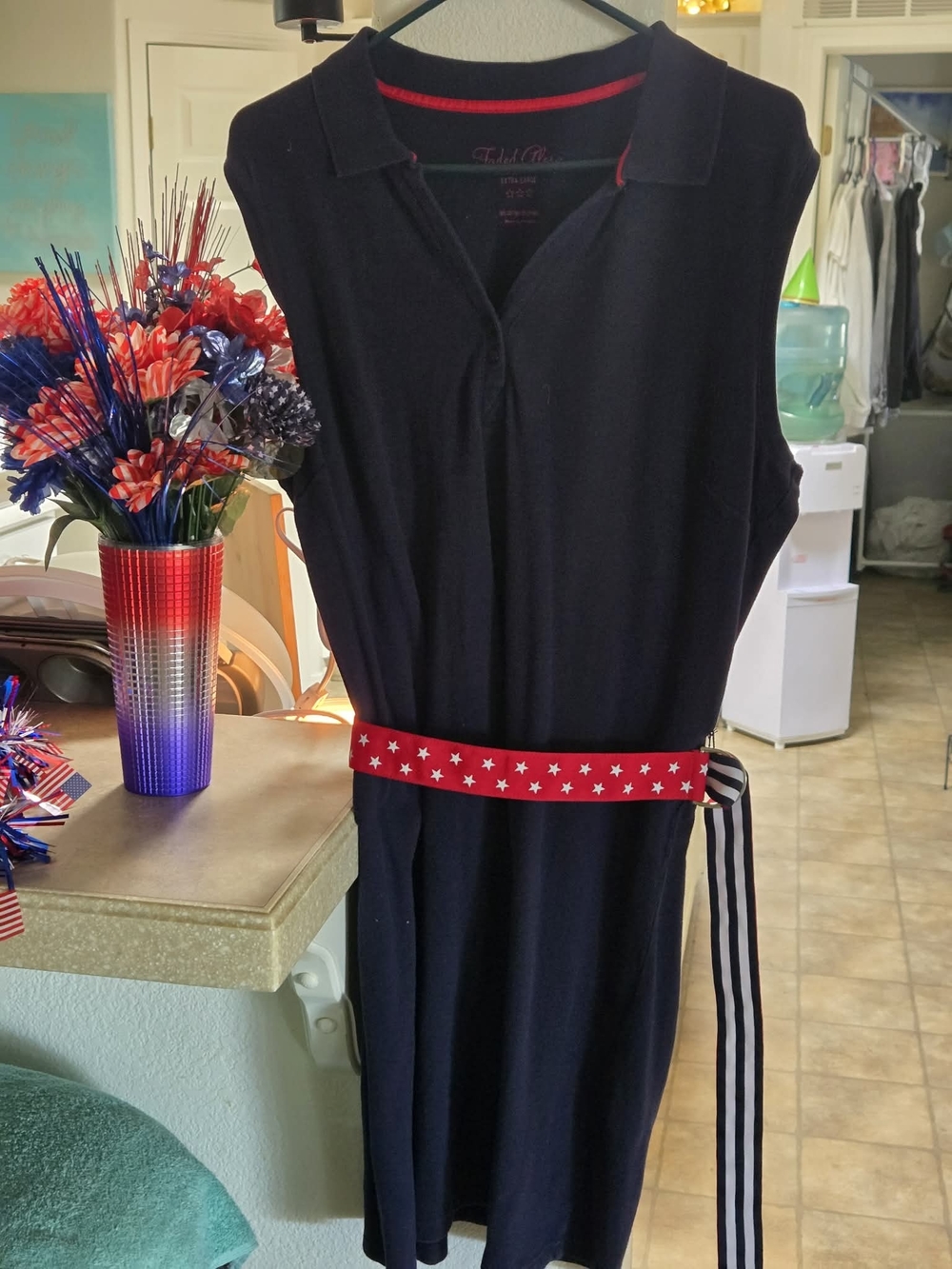 Faded Glory Navy Blue Sleeveless Polo Midi Dress with Red Star And Stripe Belt
